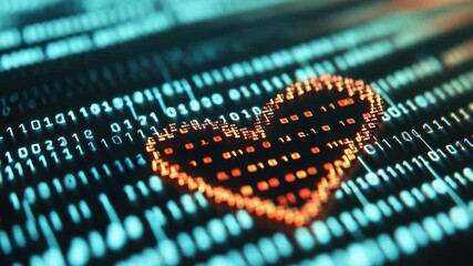 Digital heart made of binary code on screen, symbolizing technology and love - Powered by Adobe