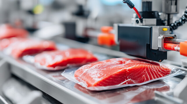 Industrial vacuum packaging production line with meat products being sealed and processed by automated machinery. Modern food manufacturing facility with quality control technology.