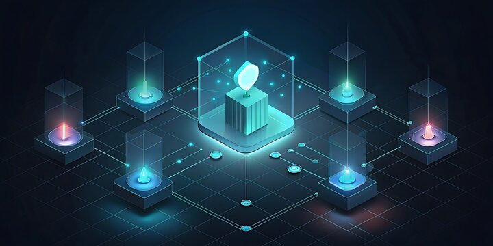 A glowing digital network connects multiple glowing server towers on a dark background.