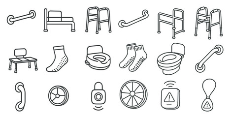 Collection of items that are related to the elderly and handicapped. The items include a bed, a walker, a toilet, a bed rail, a wheelchair, a bedside commode, a bedside commode alarm