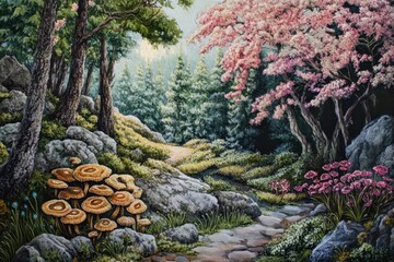Fototapeta premium Morels thrive amidst vibrant spring flora in a serene forest setting, morels among beautiful spring vegetation