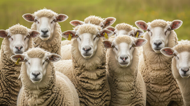 A close-up portrait of a flock of sheep, all staring intently in the same direction, captured in soft natural light&mdash;expressive faces, textured wool, and unified gaze create a calm, rural charm...