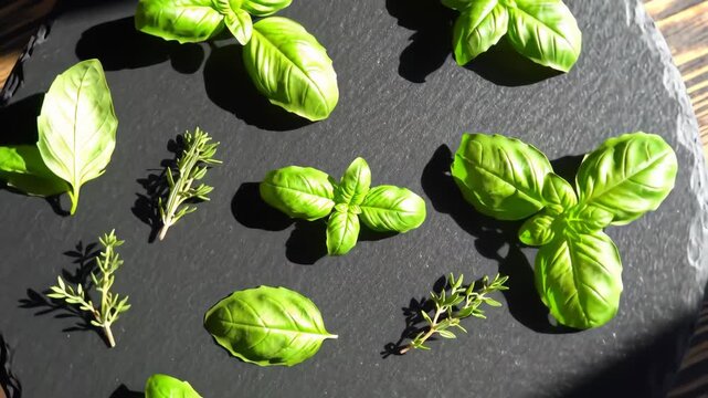 Fresh basil leaves and thyme sprigs on a dark slate board.