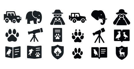 Collection of animal icons including an elephant, a car, a book, a deer, and a bird