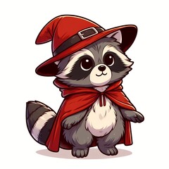 Cute raccoon wearing cloak and hat cartoon vector icon illustration
