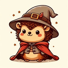 Cute hedgehog wearing cloak and hat cartoon vector icon illustration