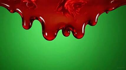Dripping red liquid creates abstract dynamic art against a vibrant green background - Powered by Adobe