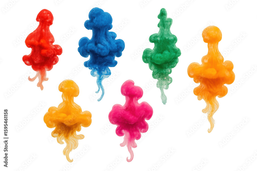 Poster Six colorful ink clouds exploding in water, creating a vibrant and dynamic abstract visual on transparent background