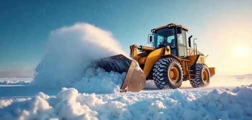 Yellow bulldozer clearing snow after winter storm. Heavy machinery operates on snowy road. Loader vehicle moves snow with bucket. Construction equipment works in winter landscape. Clear winter sky