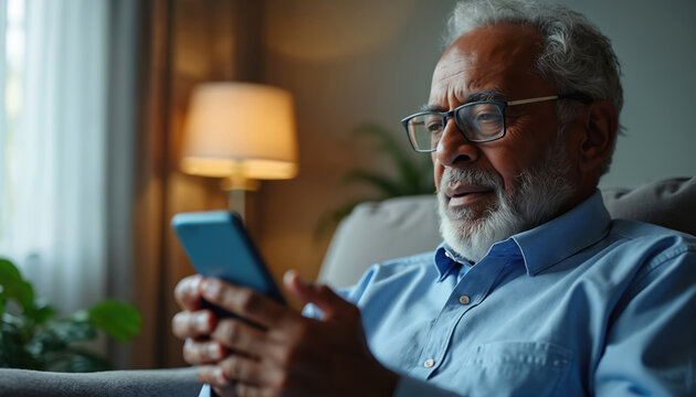 Elderly man uses phone for virtual health consultation. Senior patient engages in telemedicine, communication with doctor via mobile app. Mature person at home using technology for healthcare.