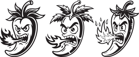 Angry Flaming Chili Pepper Cartoon Characters - Spicy Hot Mascot Illustrations