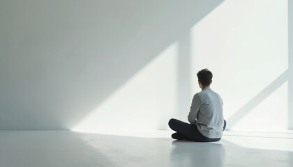 Obraz premium Man sits alone cross-legged in bright room, casting long shadow. Person avoids interaction, symbolizing isolation, mental health, or introspection. Minimalist setting emphasizes solitude.