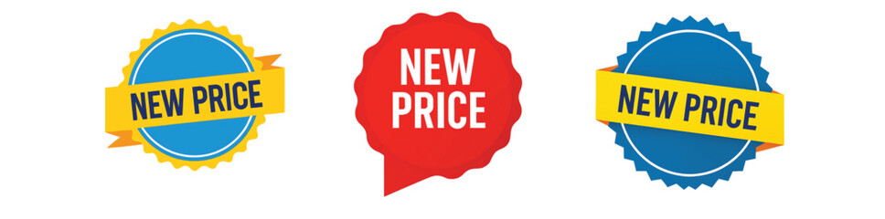 New price stickers offer promotion and sale with discount labels in blue and red.