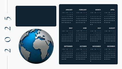 2025 calendar template for desk and wall. Minimal design with Monday-start weeks. Perfect for print and digital use in office or personal spaces.

