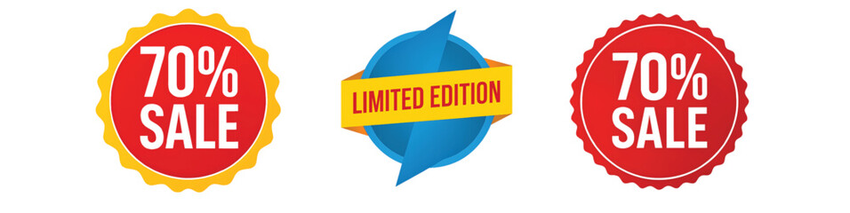 Three vibrant sale badges showcase a seventy percent discount and limited edition offer.
