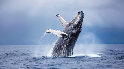 Fototapeta premium A majestic humpback whale breaches powerfully near Husavik city, Iceland, water spraying around it under a bright sky, showcasing nature’s grandeur and marine beauty in vivid detail...