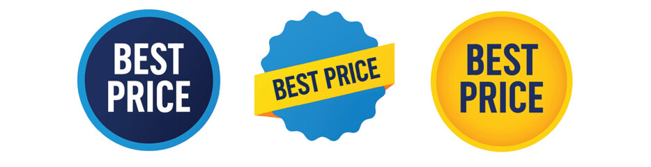 Best price badges in blue and yellow colors for sales and promotional marketing.