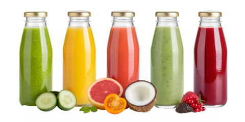 Assortment of colorful fruit and vegetable smoothies in bottles on transparent background