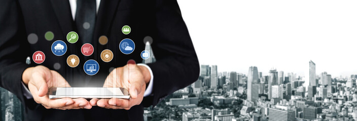Set of business and digital service icons representing finance, cloud, analytics, email,...