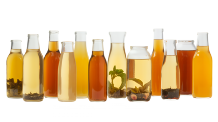 Assorted bottles filled with colorful liquids in a row display on transparent background
