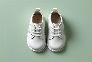 Overhead View of Plain White Toddler Shoes with Laces on Pastel Seafoam Background