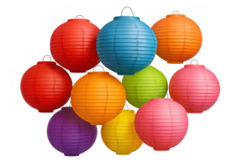 Group of vibrant round paper lanterns creating a festive atmosphere, isolated on transparent background