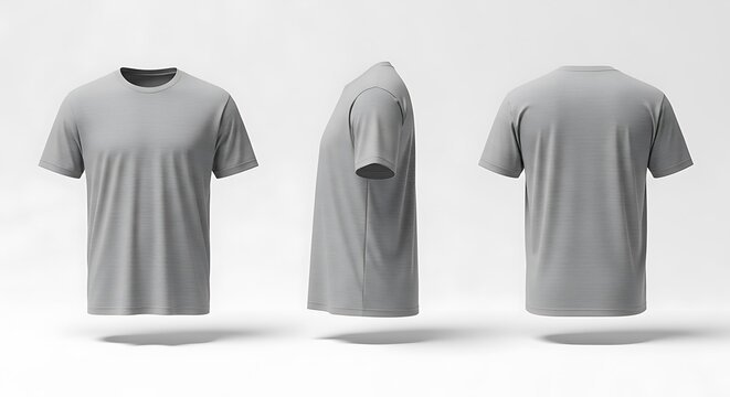 Gray tshirt isolated on white background is displayed in three angles
