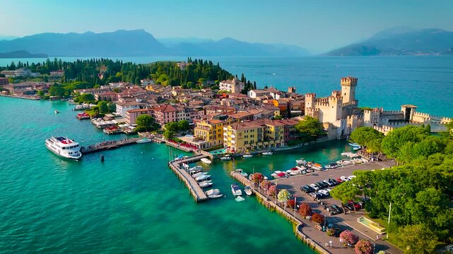 Aerial photo of scenic Sirmione on Lake Garda, Italy, featuring Scaliger Castle, waterfront promenade, boats, and lush gardens. Ideal for travel, tourism, and real estate marketing