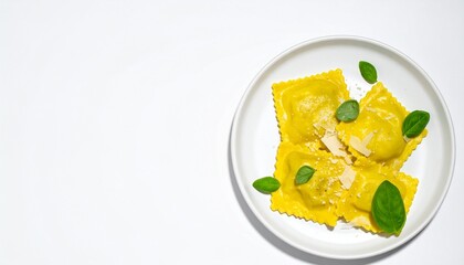 Delicious ravioli with basil and parmesan cheese served on a white plate with copy space