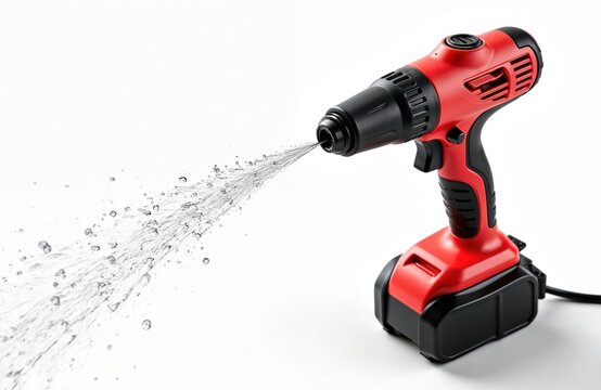 Red and black cordless drill sprays water stream on white background. Electric tool for construction, repair, bricolage projects. High power battery operated machine for industry work.