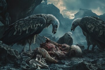 Whitebacked vultures feeding on remains in a dramatic landscape during twilight, Several White-backed Vulture eats the remains of a dead animal