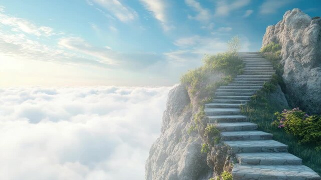 Stone stairway ascending mountain, leading to serene, sky-high viewpoint above clouds, bathed in morning light