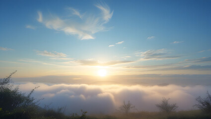 Peaceful Dawn Scene with Misty Glow, Dewy Foliage, and Soft Cloudscape
