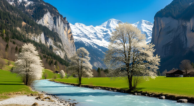Spring Serenity: Turquoise River Flowing Through a Majestic Mountain Valley