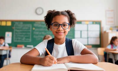 Adorable African American girl wearing glasses at elementary school
