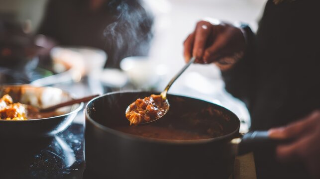 A steaming hot dish being ladled with a spoon.