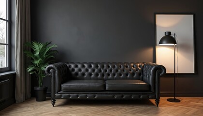 Elegant black leather sofa in a modern minimalist room with dark walls and wood flooring. A tall green plant and a stylish floor lamp complement the luxurious, sophisticated interior design.