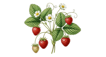 Watercolor botanical illustration of strawberry plant with fruits and flowers isolated on transparent background