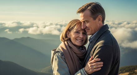 Elderly couple embracing on a mountain viewpoint with low clouds passing by.
