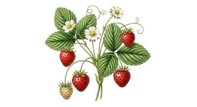 Watercolor botanical illustration of strawberry plant with fruits and flowers isolated on transparent background