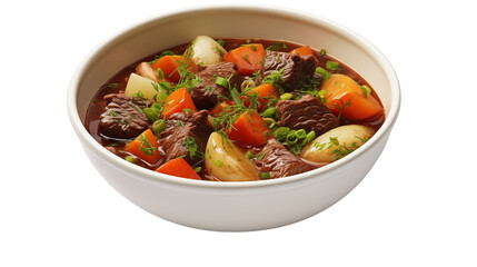 Delicious beef stew recipe with carrots potatoes and herbs in white bowl on transparent background