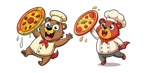 Funny Chef Bear Dropping Giant Pizza Vector &ndash; Cartoon Cooking Animal Character in Shock &ndash; Culinary Comedy Illustration &ndash; Food Humor Clipart for Kitchen Designs