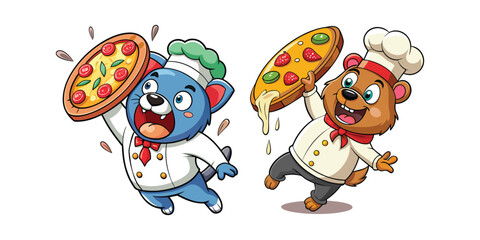 Funny Chef Bear Dropping Giant Pizza Vector – Cartoon Cooking Animal Character in Shock – Culinary Comedy Illustration – Food Humor Clipart for Kitchen Designs