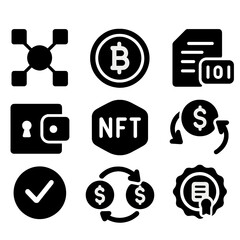 Cryptocurrency Icons Collection. Solid style icons of blockchain and cryptocurrency: blockchain network badge, crypto coin badge,