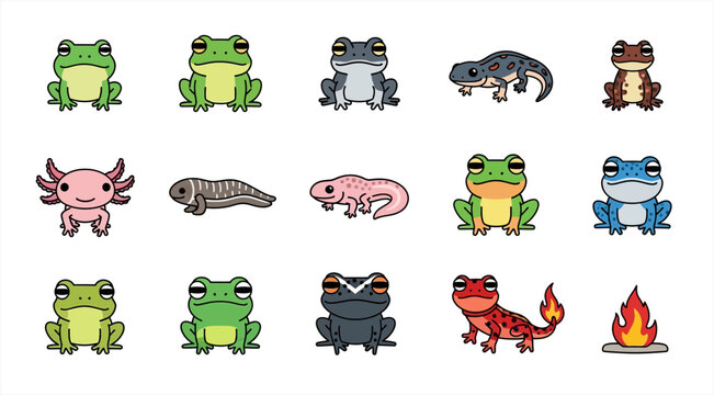 Collection of Cartoon Amphibians and Salamanders Vector Set  - Icon Sheet