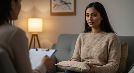 South Asian Woman Seated in Cozy Therapy Room Wearing Neutral Sweater
