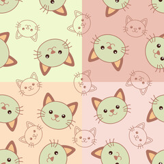 Obraz premium Seamless pattern of cute cartoon cat faces in soft pastel tones over four pink square blocks. Features outlined and filled cat heads. Perfect for kids’ products, textiles, and stationery design.