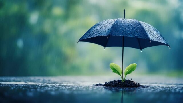 Small plant under umbrella during rainfall, symbolizing protection and growth
