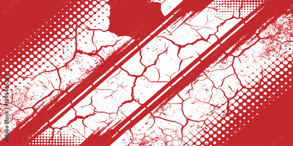 Poster red and white abstract background with diagonal stripes and halftone dot patterns.