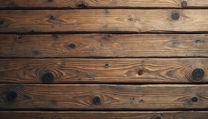 Obraz premium Brown wood planks show natural grain, knots. Weathered timber surface rustic texture with visible lines, aged detail. Dark hardwood material, suitable for backgrounds, flooring, vintage design